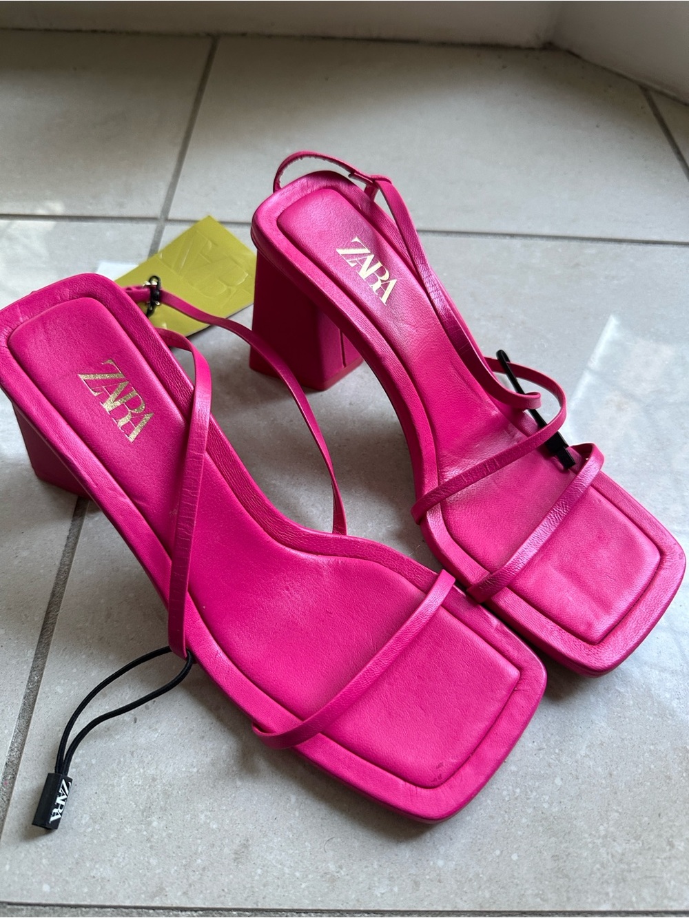 Zara Hot Pink Leather Ankle Strap Heels Sandals Size 37 US 6.5 NWT